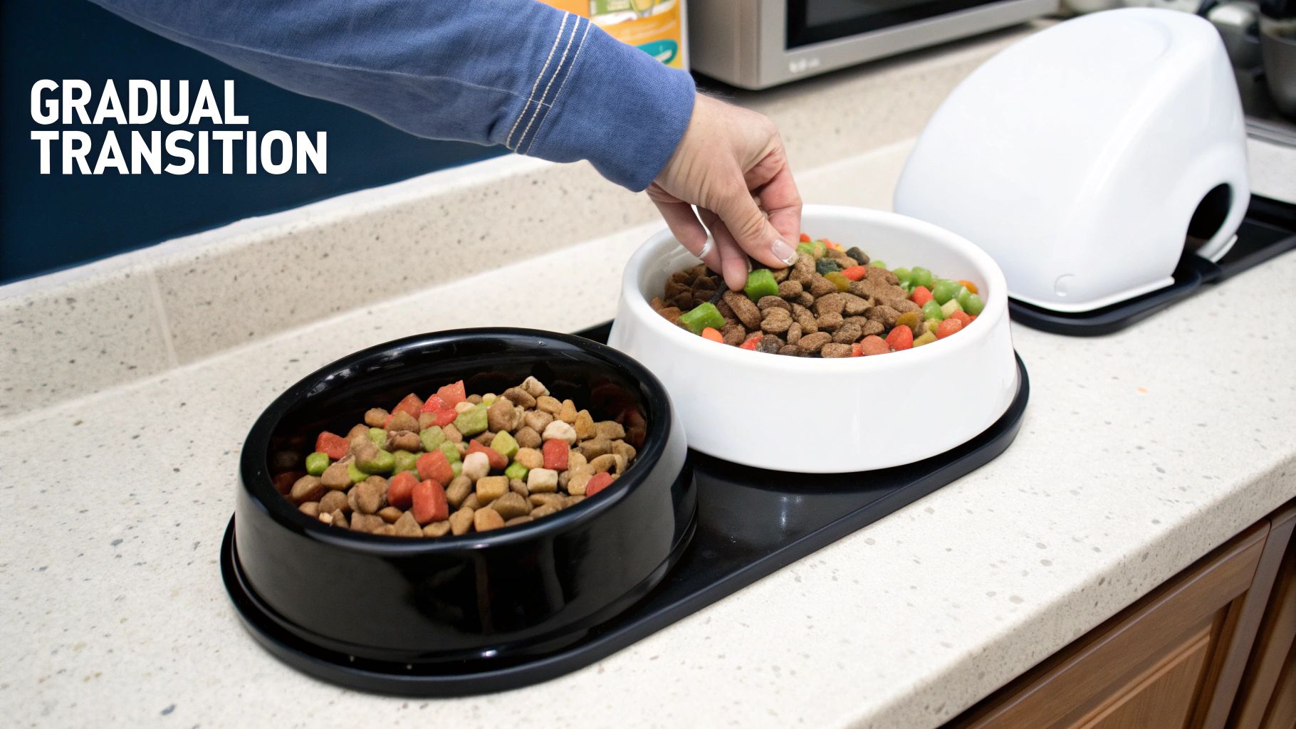 A cat sniffing a food bowl with two different types of kibble mixed together, representing a food transition.
