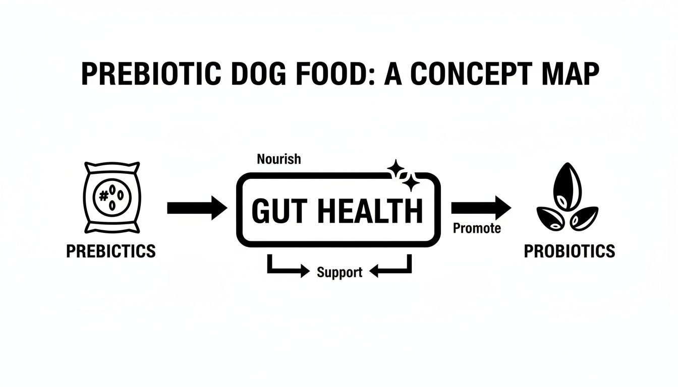 A concept map showing how prebiotics nourish gut health, which supports prebiotics and promotes probiotics.