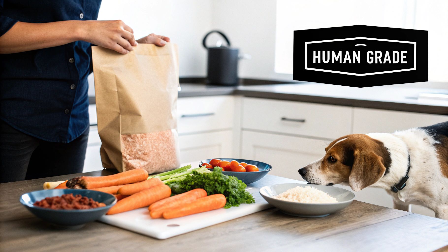 A person prepares fresh vegetables and meat for a human-grade dog meal on a kitchen counter, observed by a beagle.