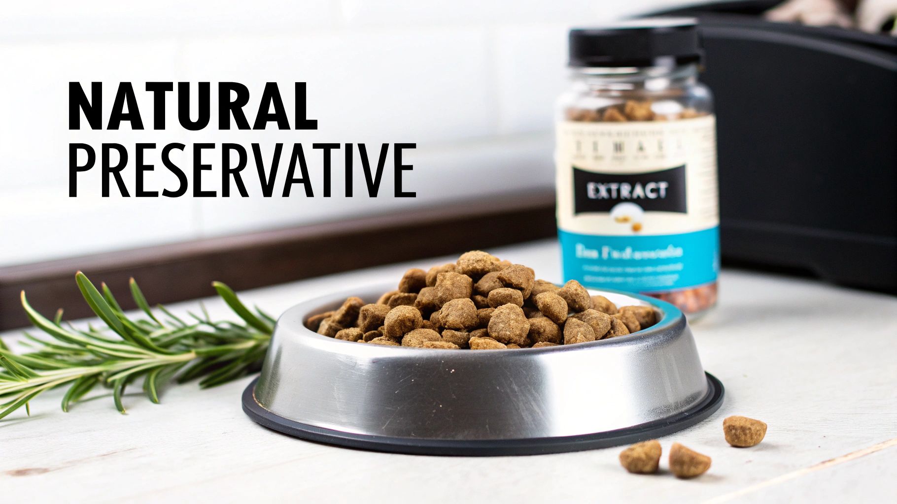 A metal dog bowl with kibble, fresh rosemary, and an 'EXTRACT' jar, illustrating natural preservatives for pet food.