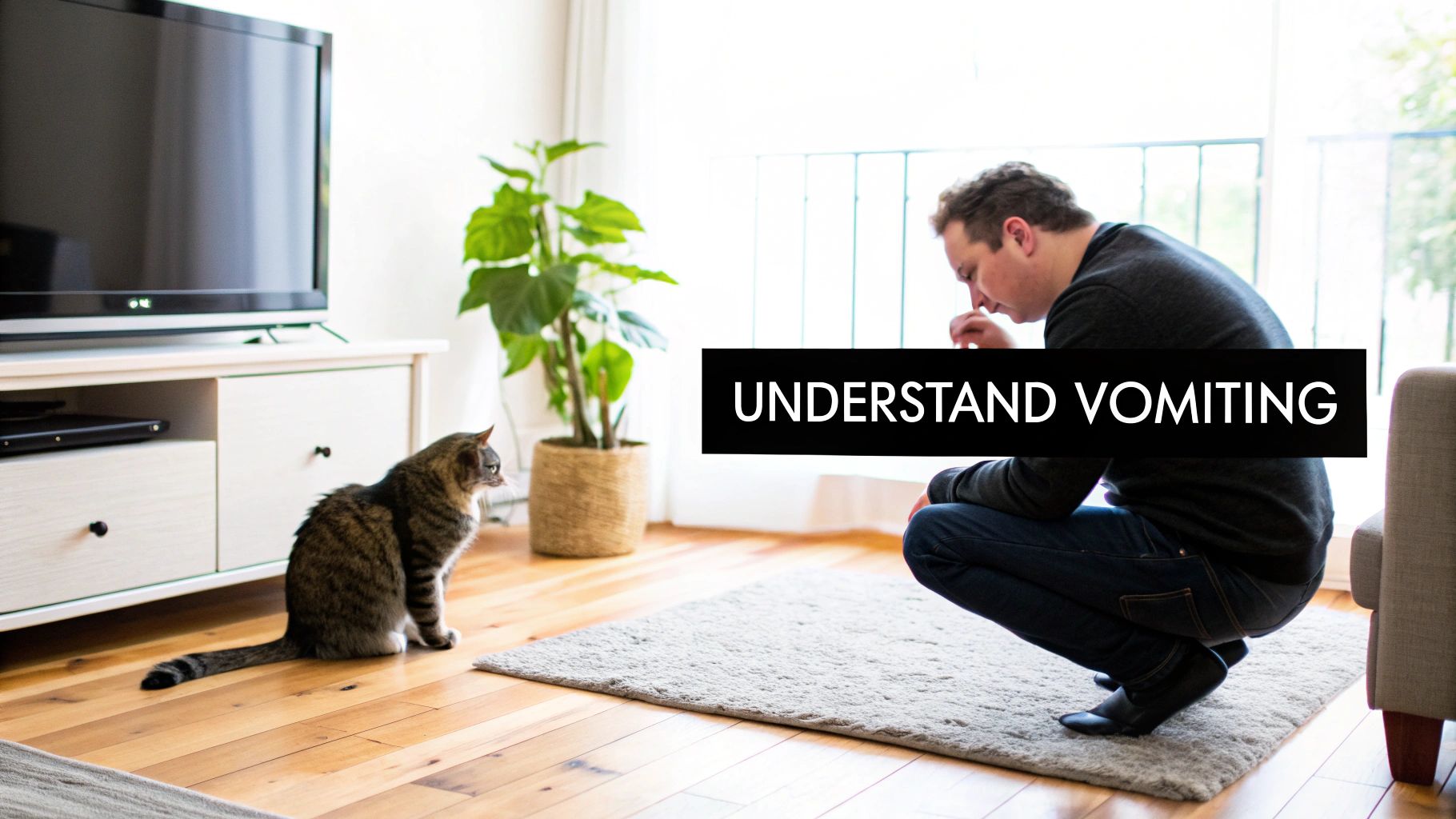 A concerned man crouches near a tabby cat on a rug in a living room, with "UNDERSTAND VOMITING" text.