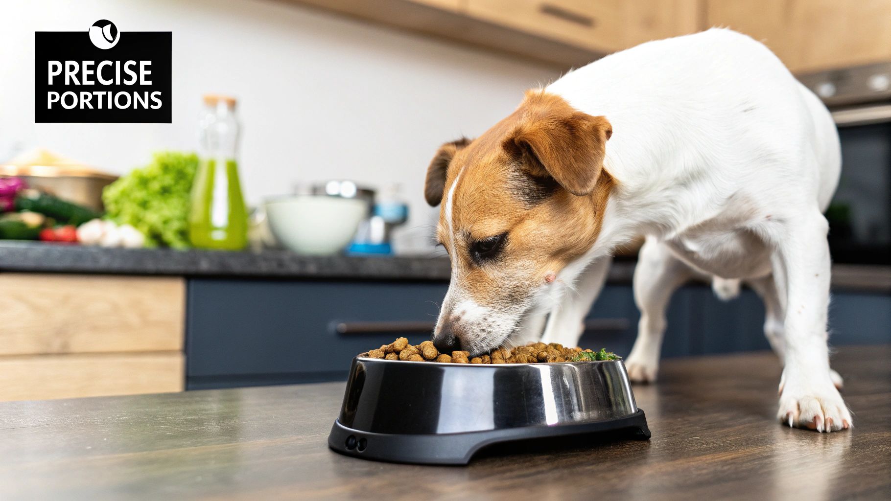 A golden retriever looking at its full food bowl