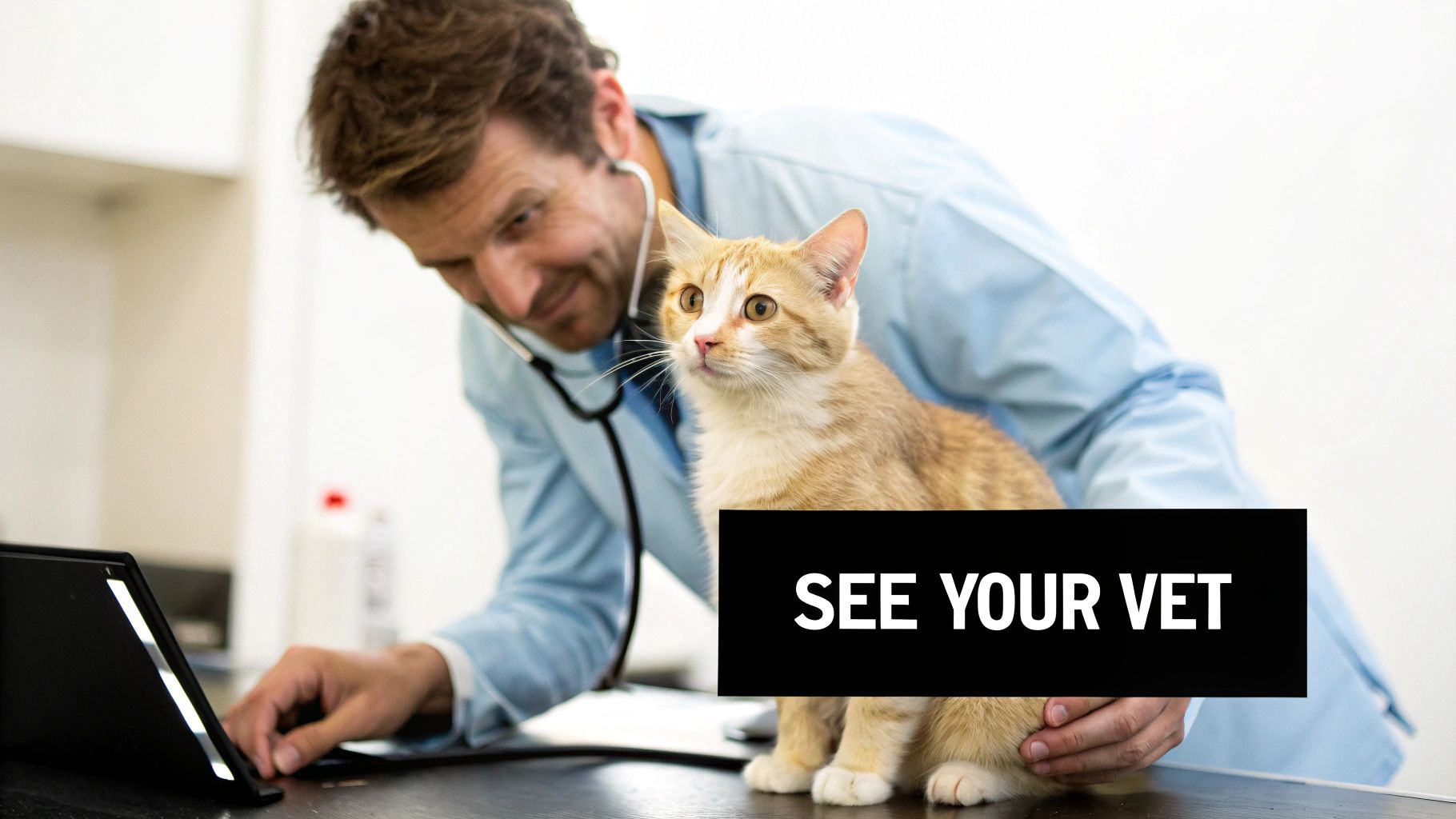 A smiling male veterinarian examines an orange and white cat with a stethoscope on a table.