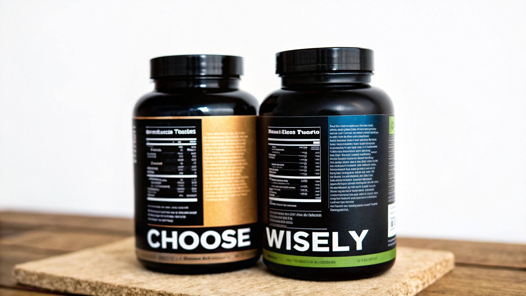 Two black supplement bottles with Choose Wisely branding displayed on wooden surface