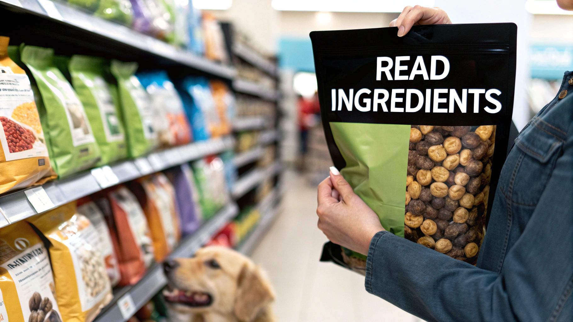 Dog sniffing a bowl of colorful kibble