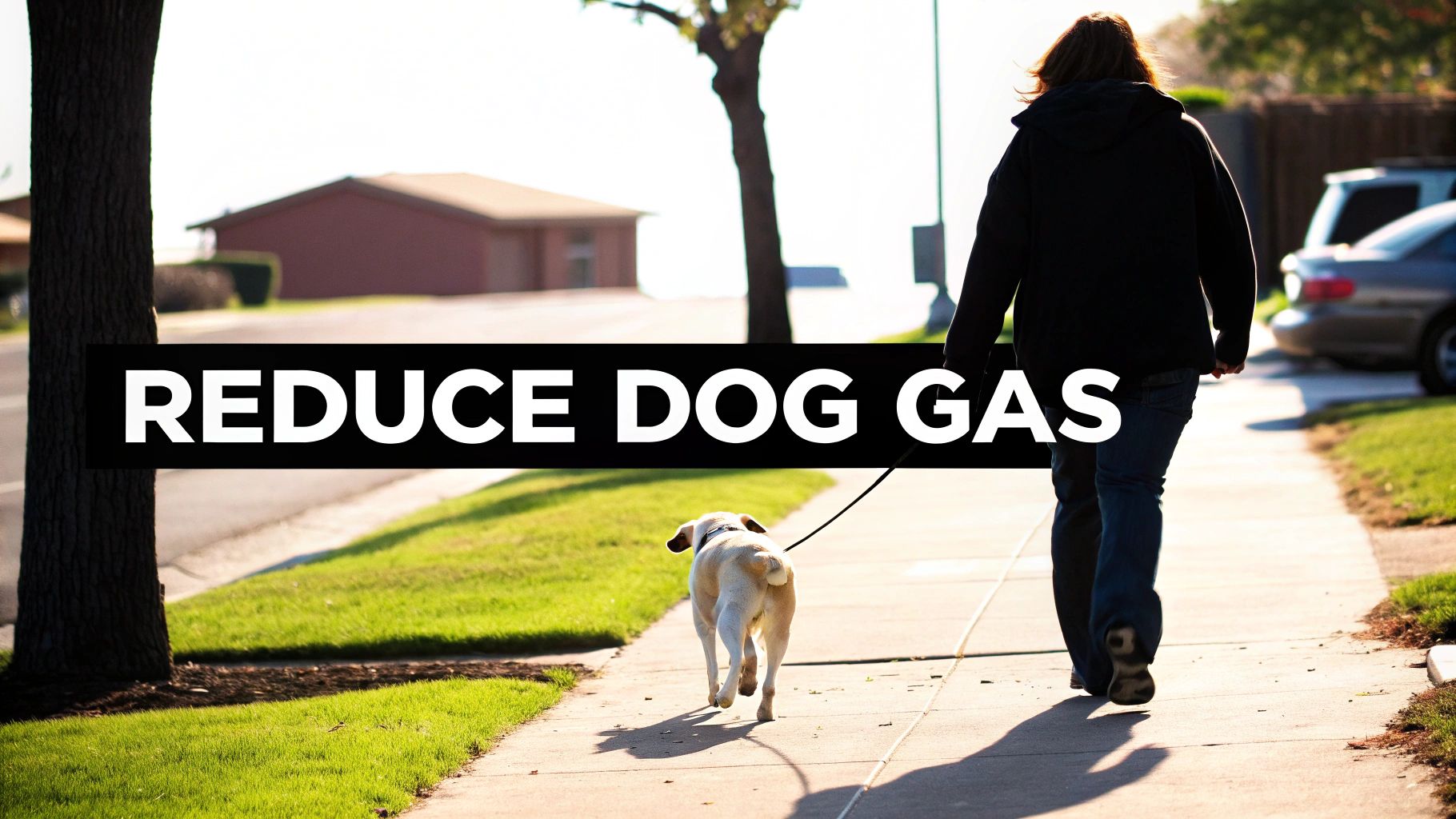 A person walks a yellow dog on a leash down a sunny sidewalk with text overlay: REDUCE DOG GAS.