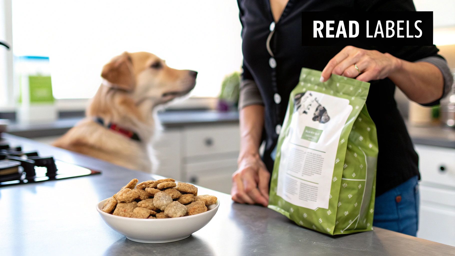 A person holding a bag of dog food, with a bowl of treats and a dog in the kitchen, promoting reading labels.