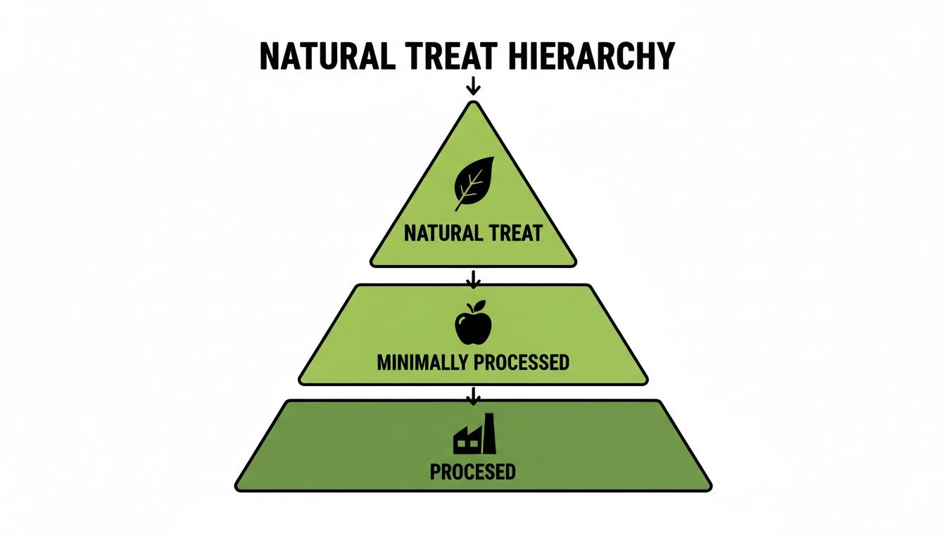 A green pyramid chart shows the Natural Treat Hierarchy, from natural to processed foods.