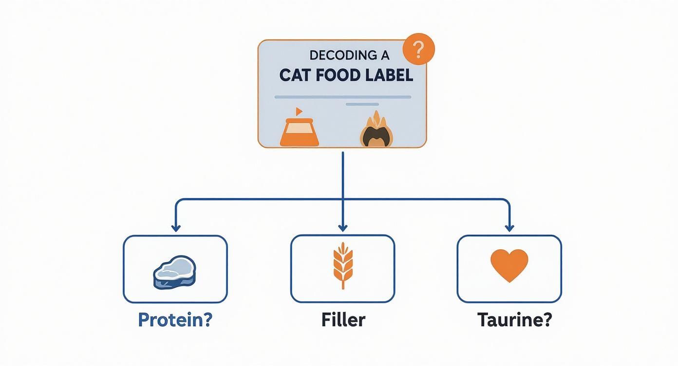 Diagram explaining how to decode a cat food label, highlighting protein, filler, and taurine.