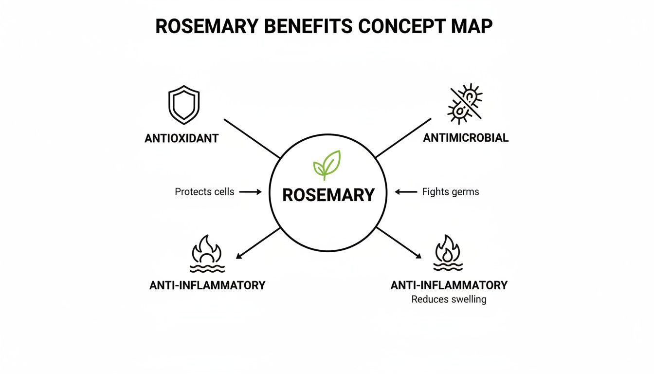 A concept map illustrating the benefits of rosemary, including antioxidant, antimicrobial, and anti-inflammatory properties.