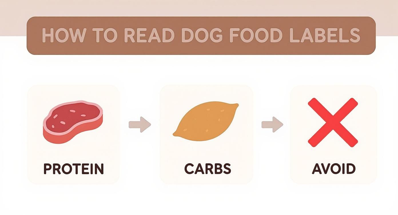 Infographic summarizing how to read hypoallergenic dog food labels, showing icons for protein, carbs, and ingredients to avoid.