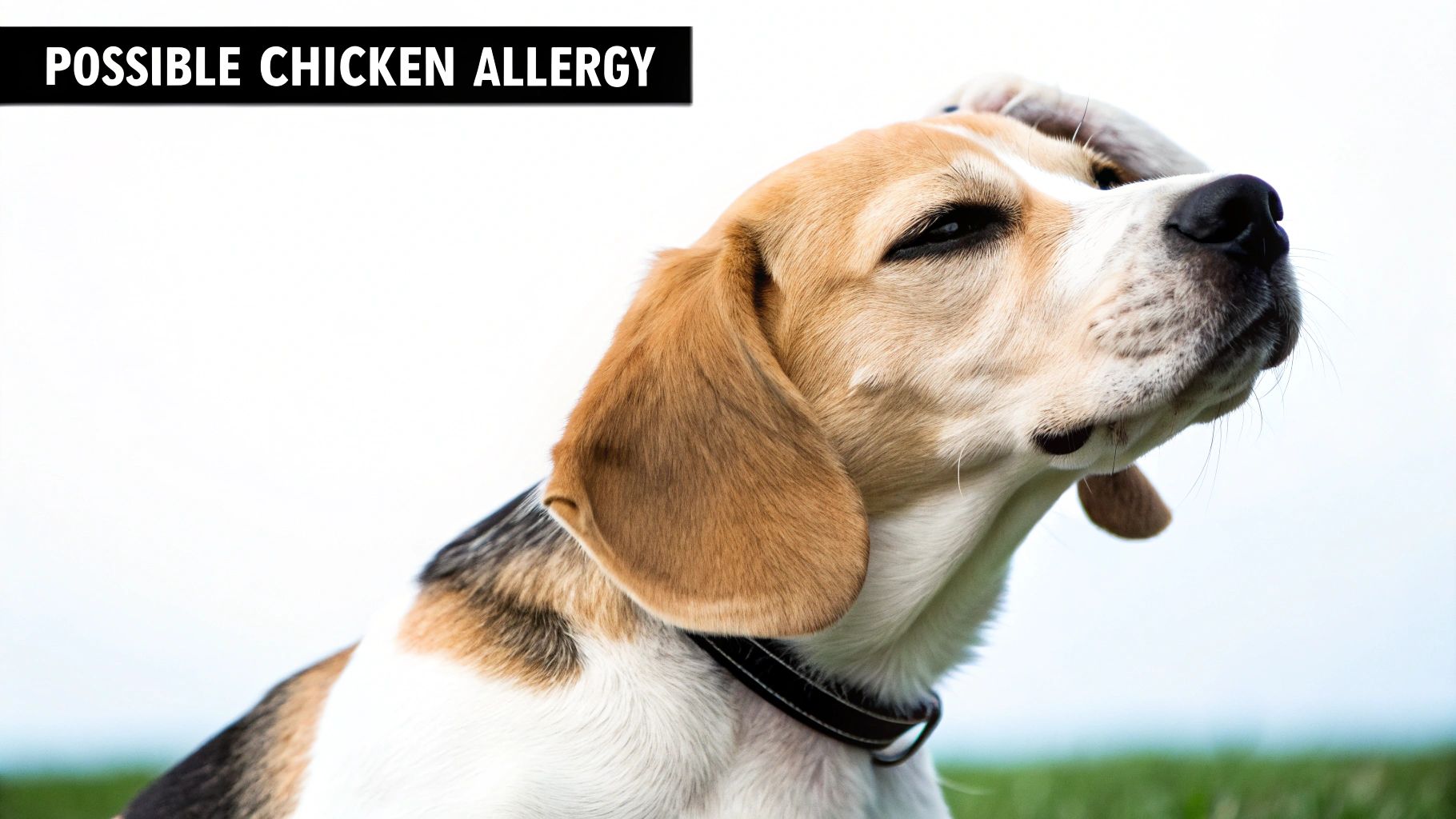 A beagle dog scratches its head, with text 'POSSIBLE CHICKEN ALLERGY' in a black banner.