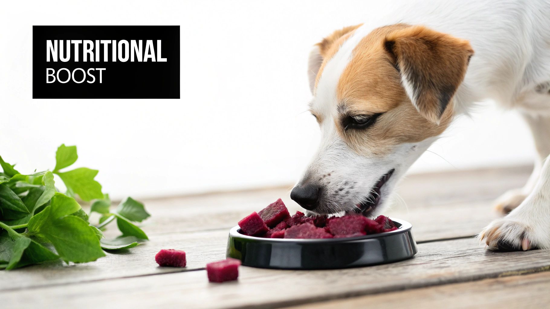 Small dog eating nutritious beet cubes from bowl with green leafy vegetables nearby