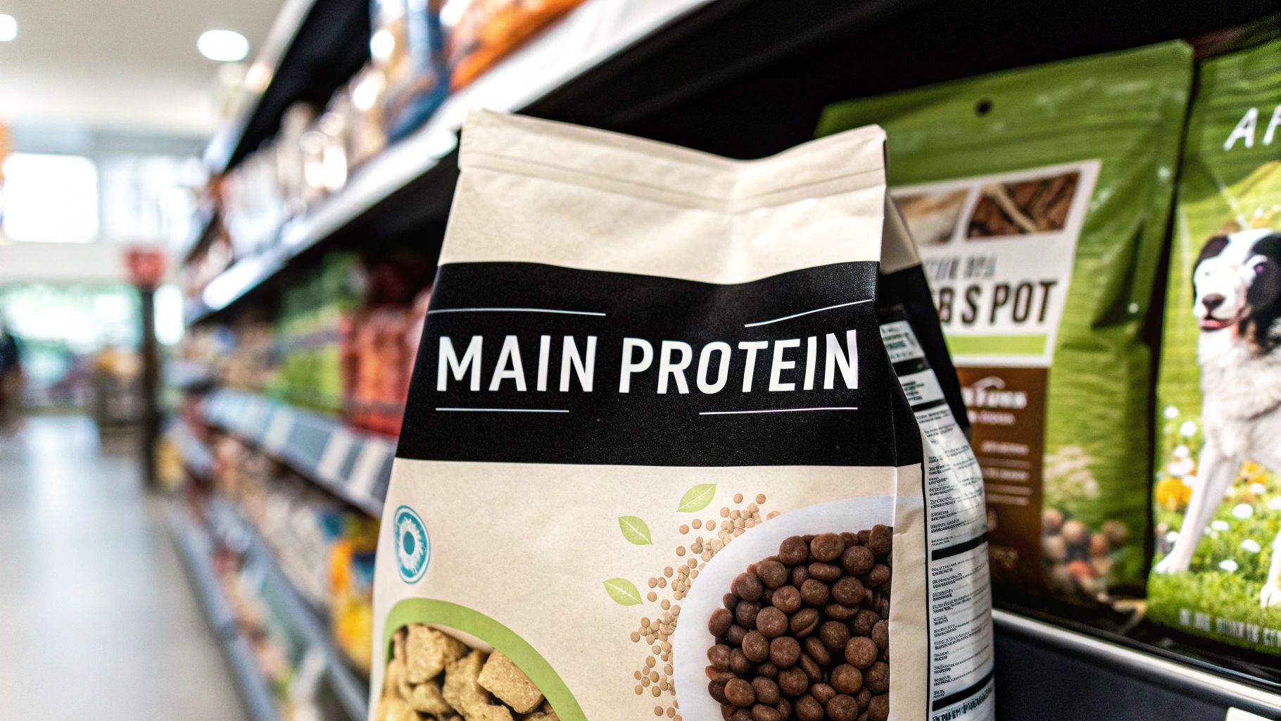 Close-up of a 'MAIN PROTEIN' dog food bag on a supermarket shelf with other pet food products.