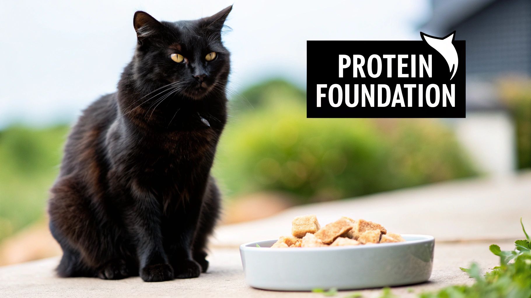 A black cat sits beside a bowl of dry cat food with a 'PROTEIN FOUNDATION' logo.