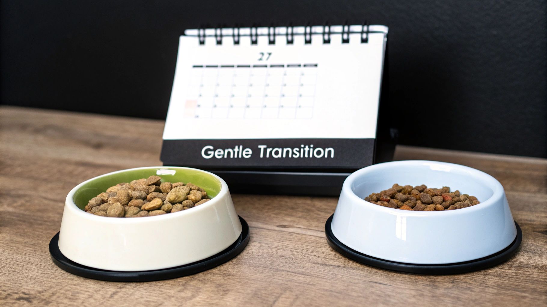 Two pet food bowls, one with green interior and one blue, filled with kibble, on a wooden surface. A calendar in the background displays 'Gentle Transition'.