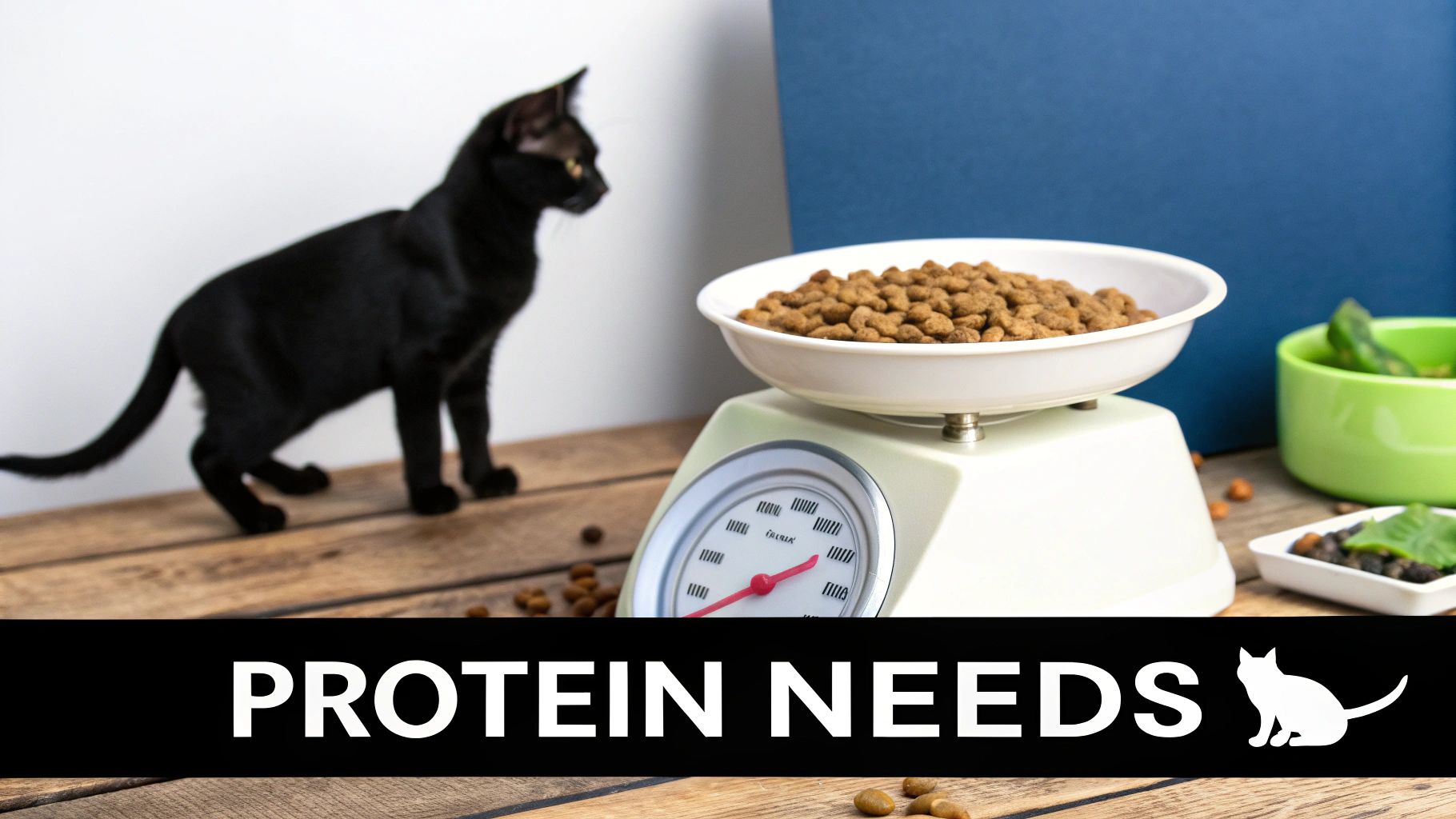 A fluffy cat sitting in front of a bowl of dry food, looking up expectantly.