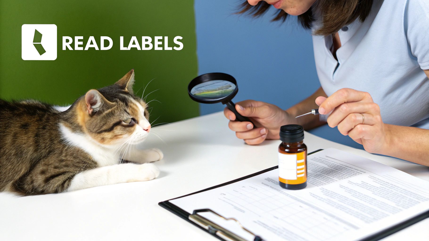 A person carefully reads a medicine bottle label with a magnifying glass, next to a cat.