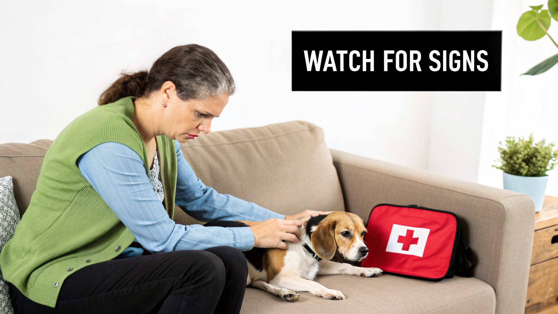 Woman examining beagle dog on couch with first aid kit watching for warning signs