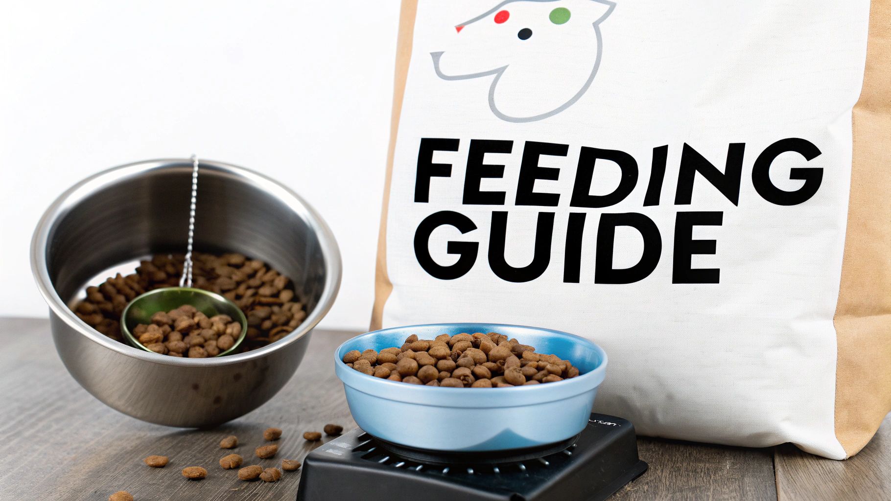Dog food kibble in bowls, on a scale, next to a 'FEEDING GUIDE' bag.