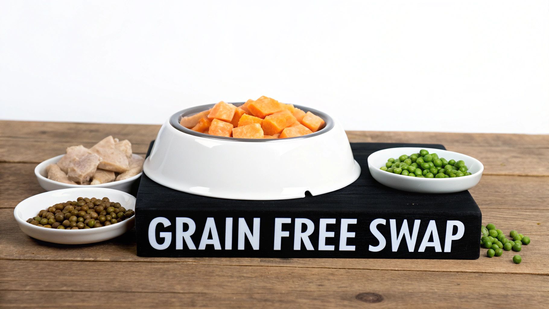 Dog bowl with sweet potato, meat, and peas on a 'GRAIN FREE SWAP' stand on a wooden table.