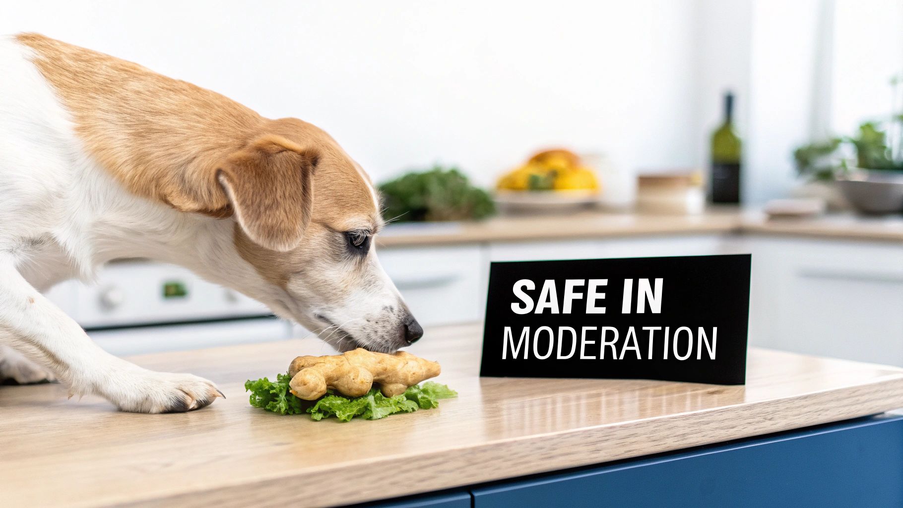 Dog sniffing ginger root on kitchen counter with safe in moderation sign warning