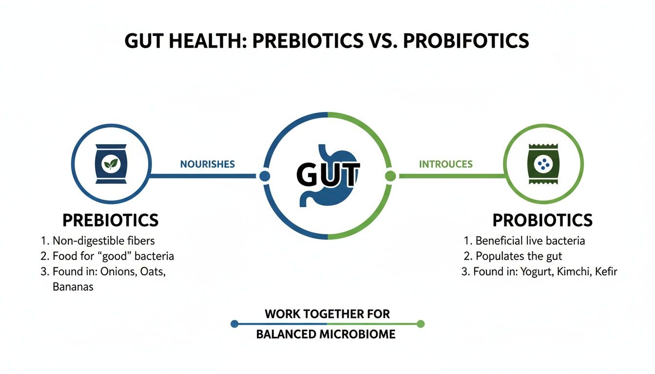 Infographic illustrating prebiotics nourishing the gut and probiotics introducing beneficial bacteria for a balanced microbiome.