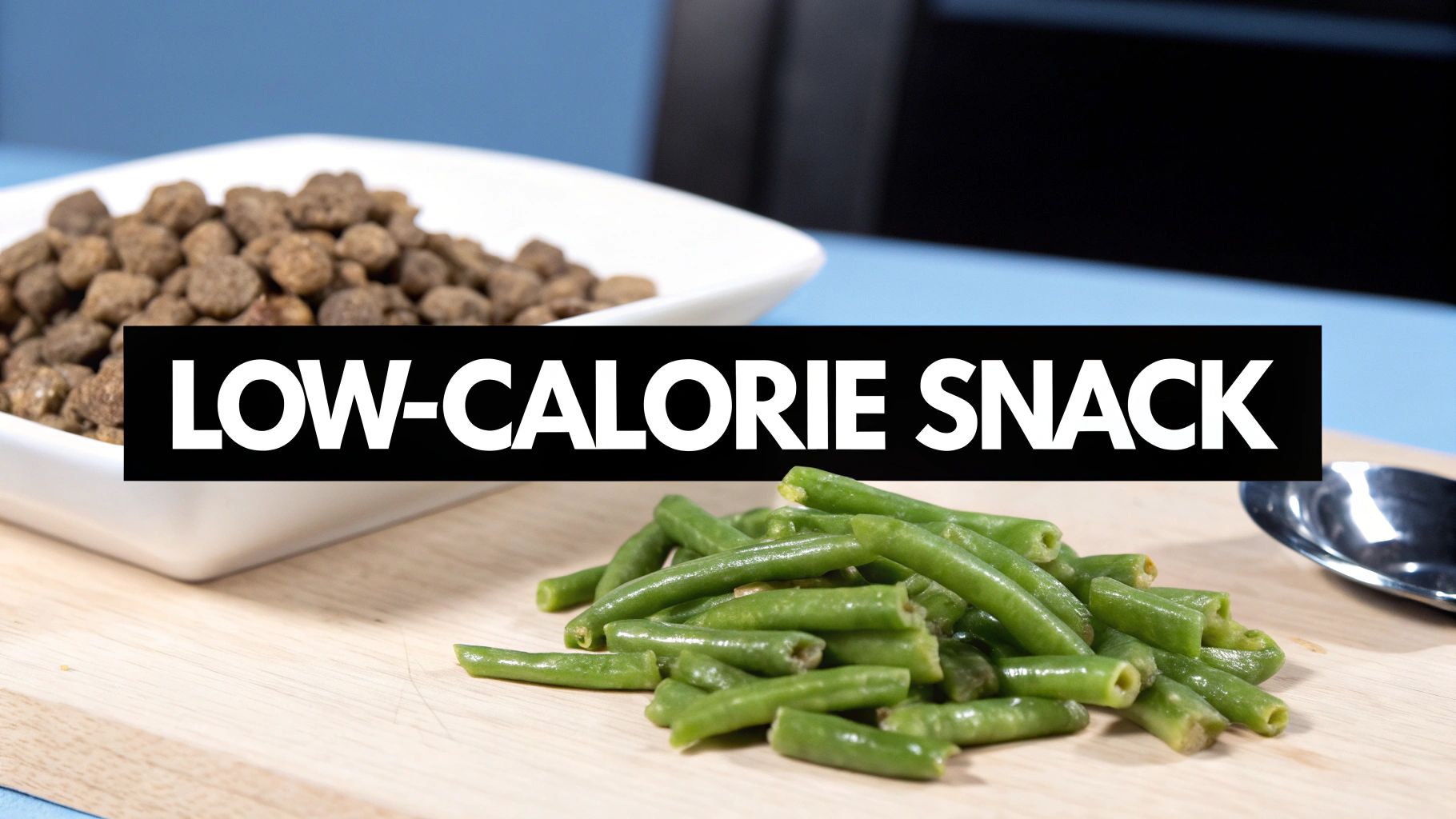 A bowl of dry cat food and a pile of fresh green beans, labeled "LOW-CALORIE SNACK".