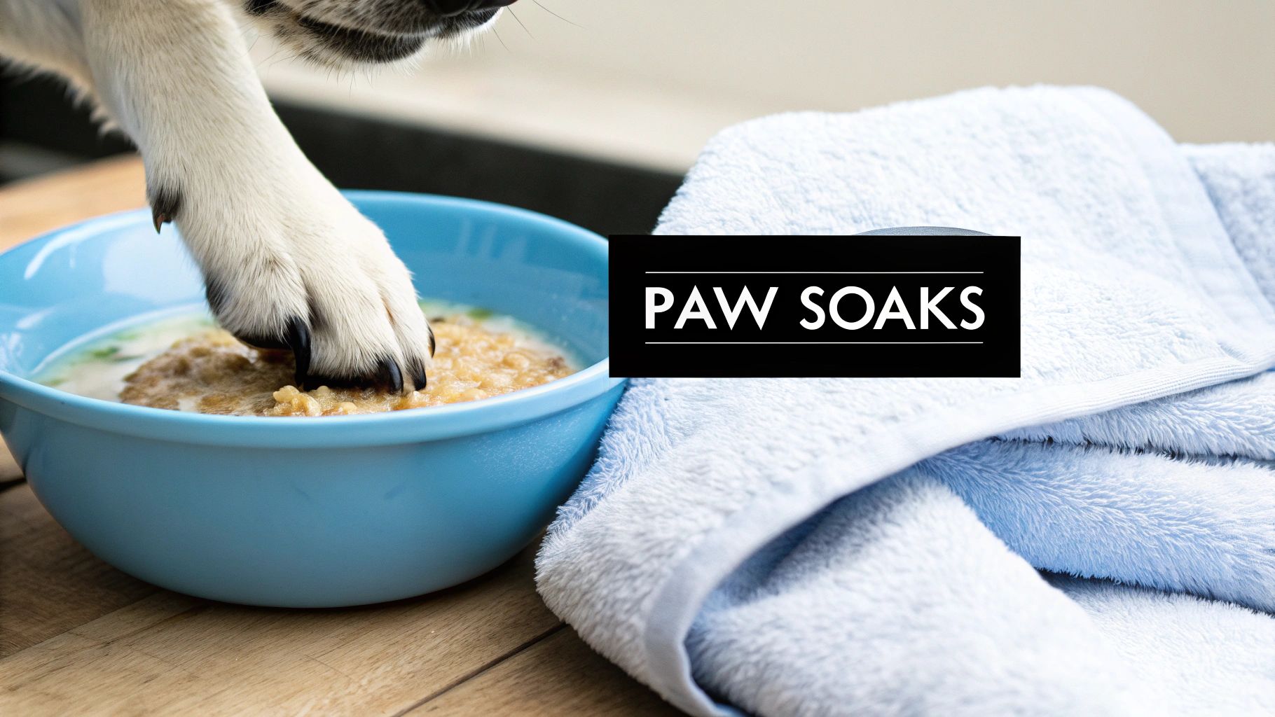 A dog's white paw soaking in a blue bowl, with a soft light blue towel on a wooden surface.