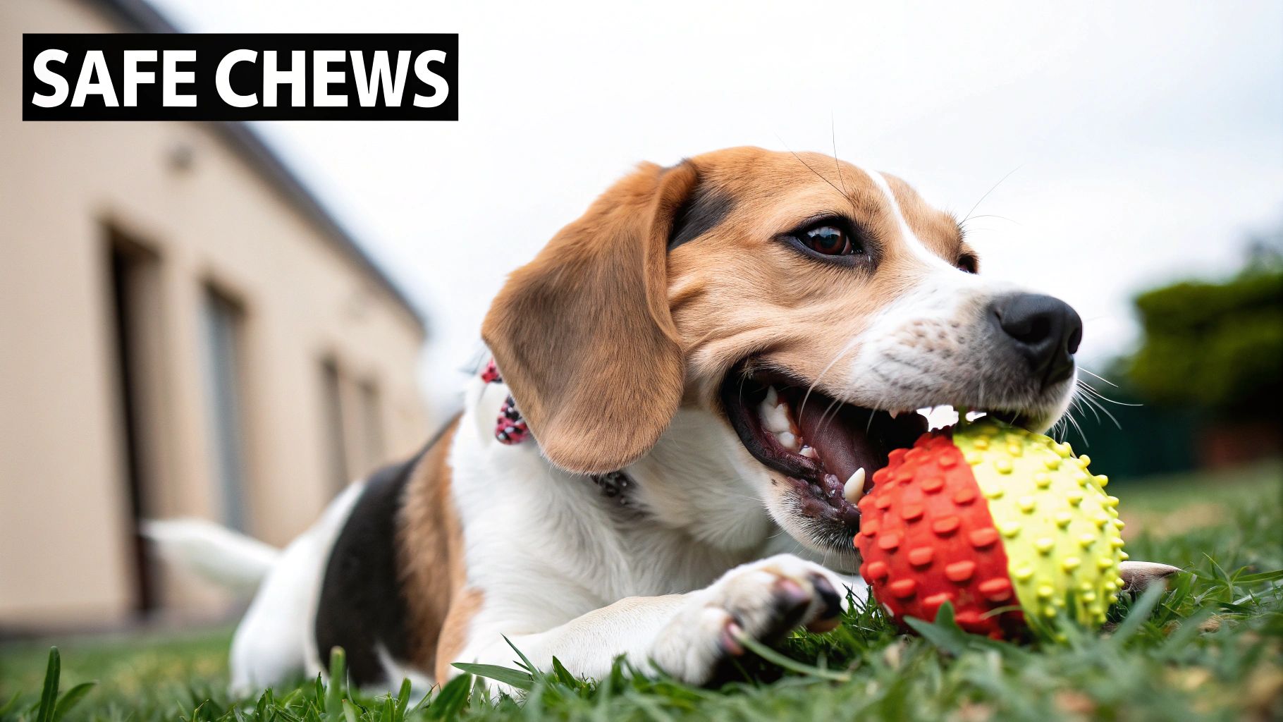 A happy dog chewing on a durable rubber chew toy.