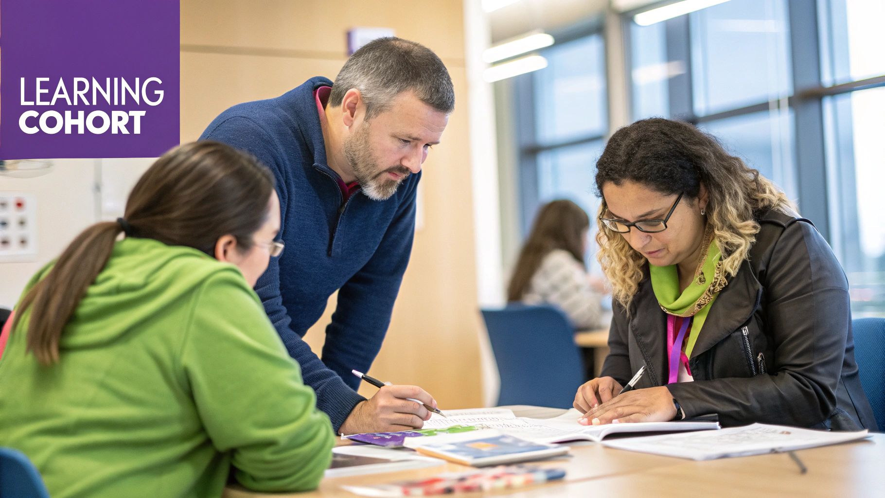 A diverse group of adult learners collaborating around a table, engaged in a discussion.