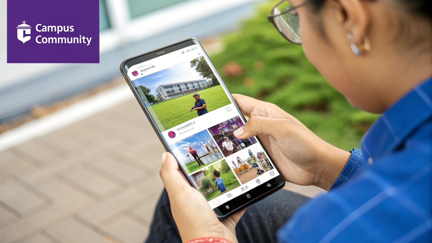 Social media icons for Facebook, Instagram, TikTok, and LinkedIn arranged around a central university crest, symbolizing a unified community engagement strategy.