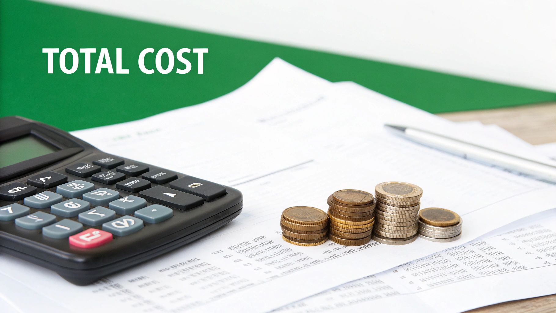 A calculator, stacked coins, and a pen rest on financial documents with 'TOTAL COST' displayed.