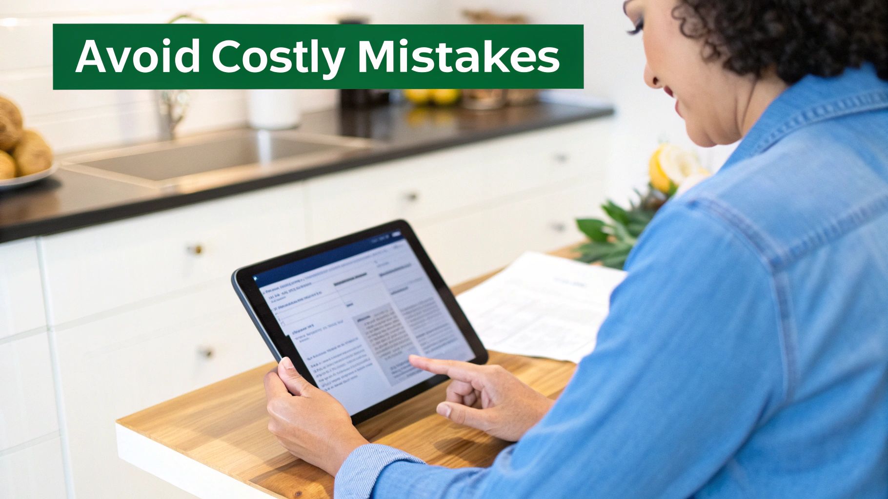 Woman reads on a tablet at a kitchen counter, with 'Avoid Costly Mistakes' text.