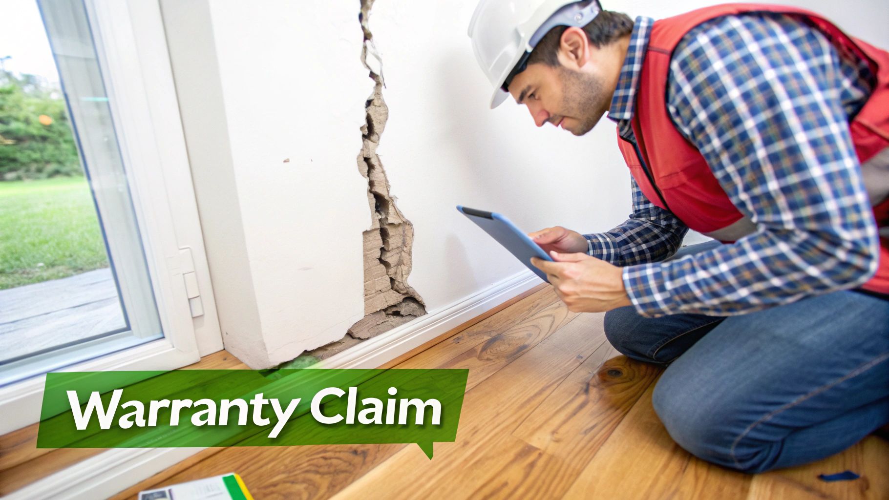A worker in a hard hat inspects a large wall crack with a tablet, likely for a warranty claim.