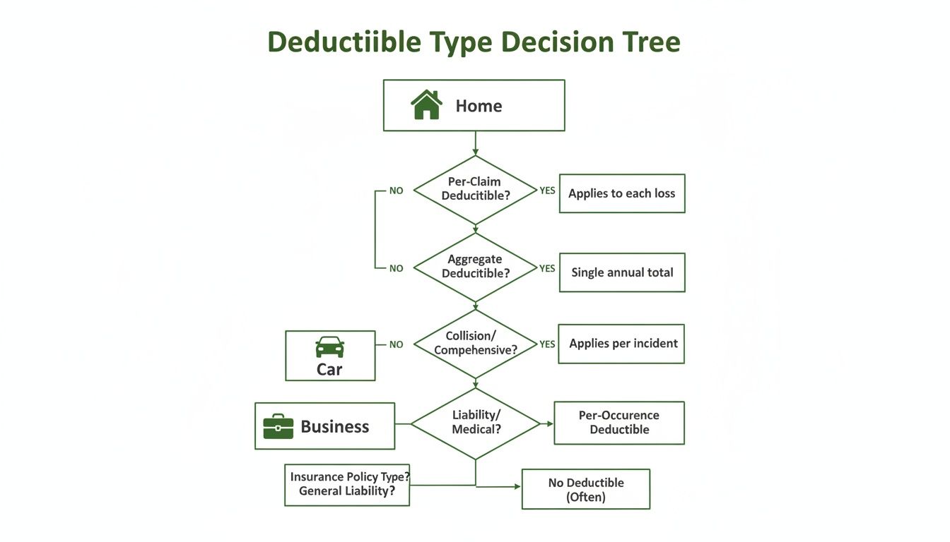 A decision tree illustrating various deductible types for home, car, and business insurance policies.