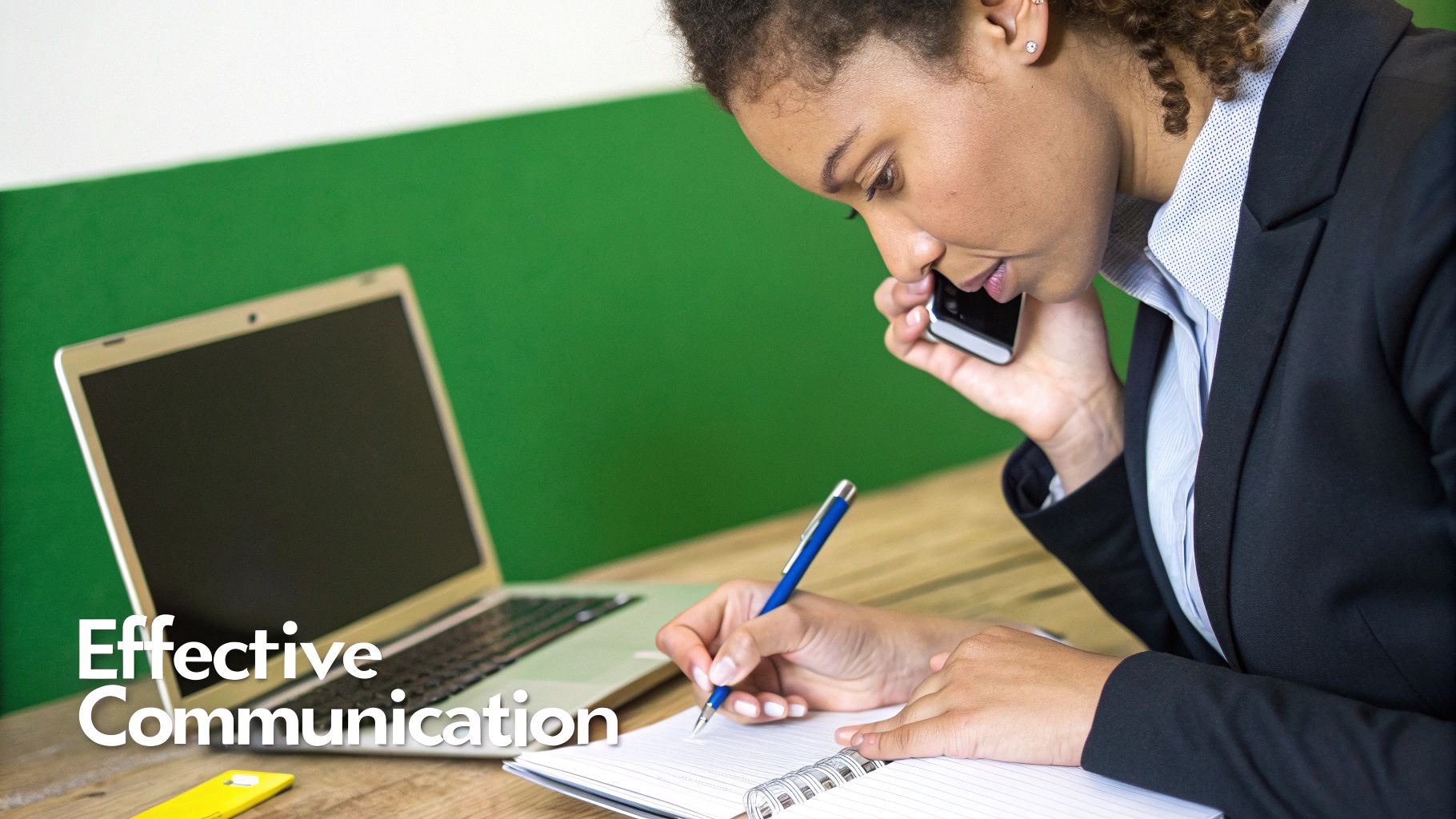 A person on the phone, calmly discussing an insurance claim with papers in front of them.