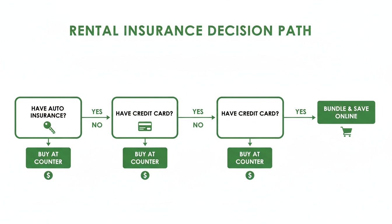 A rental car insurance decision path flowchart, guiding users based on existing auto insurance and credit card status.