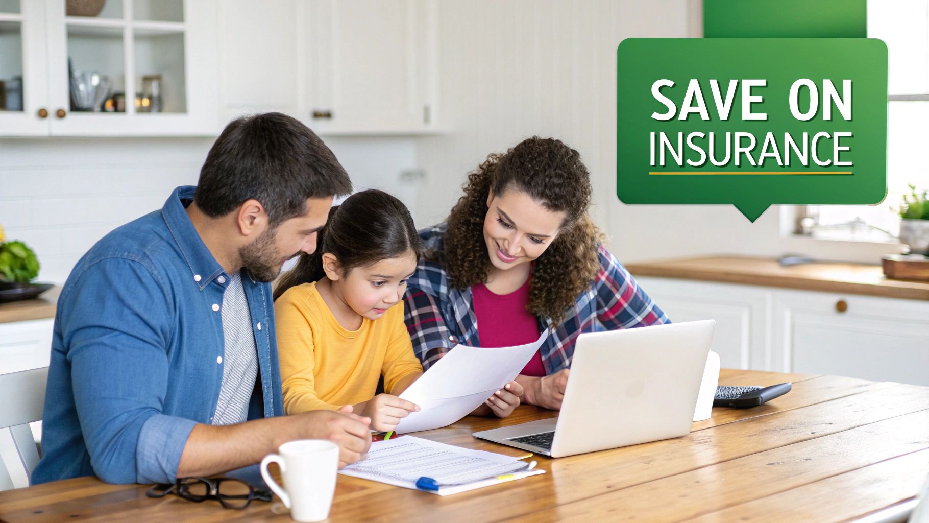 A family of three reviewing documents and a laptop in their kitchen, with a 'SAVE ON INSURANCE' graphic.