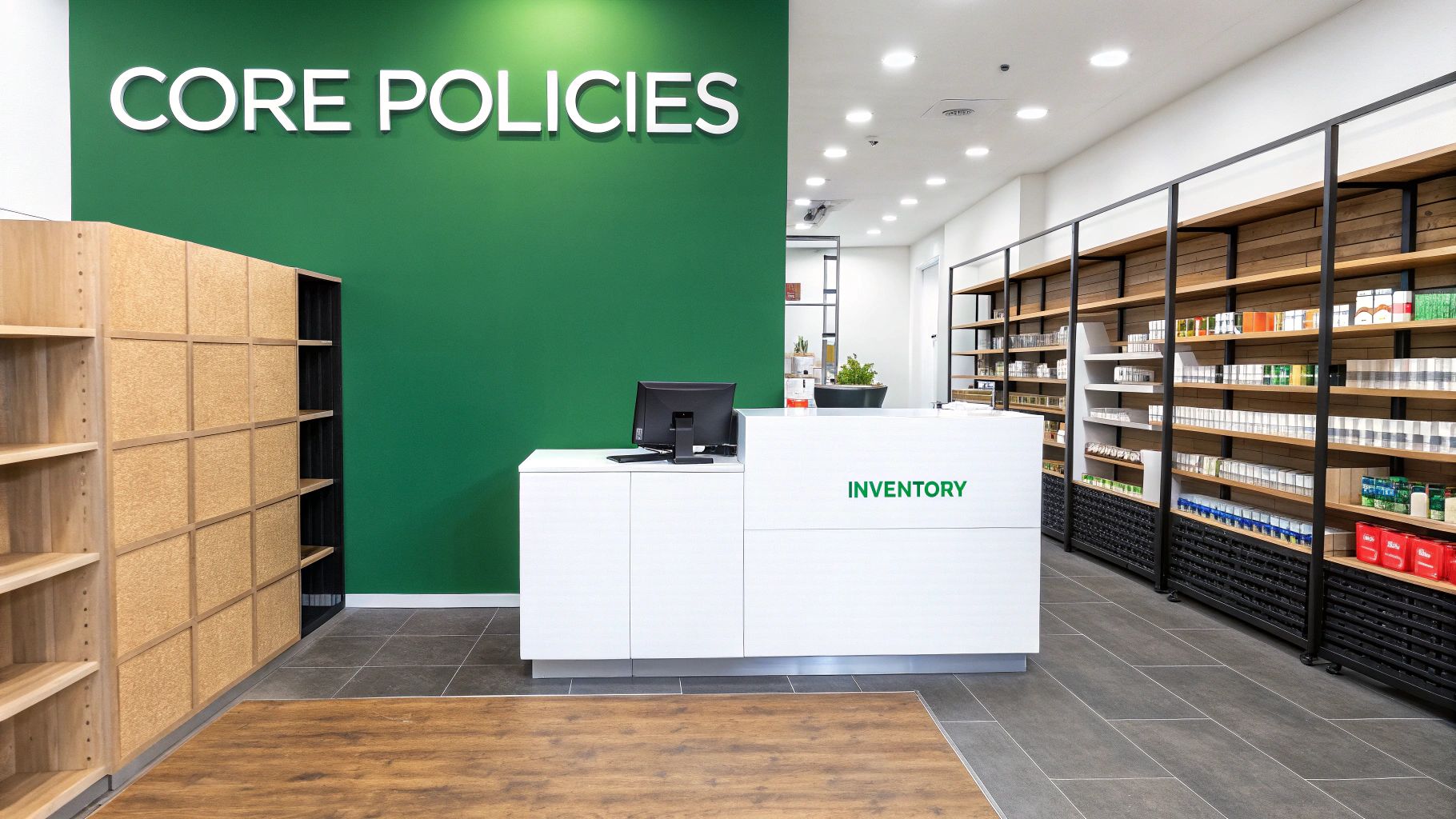 Modern business office interior with green CORE POLICIES wall, INVENTORY reception desk, and product display shelves.