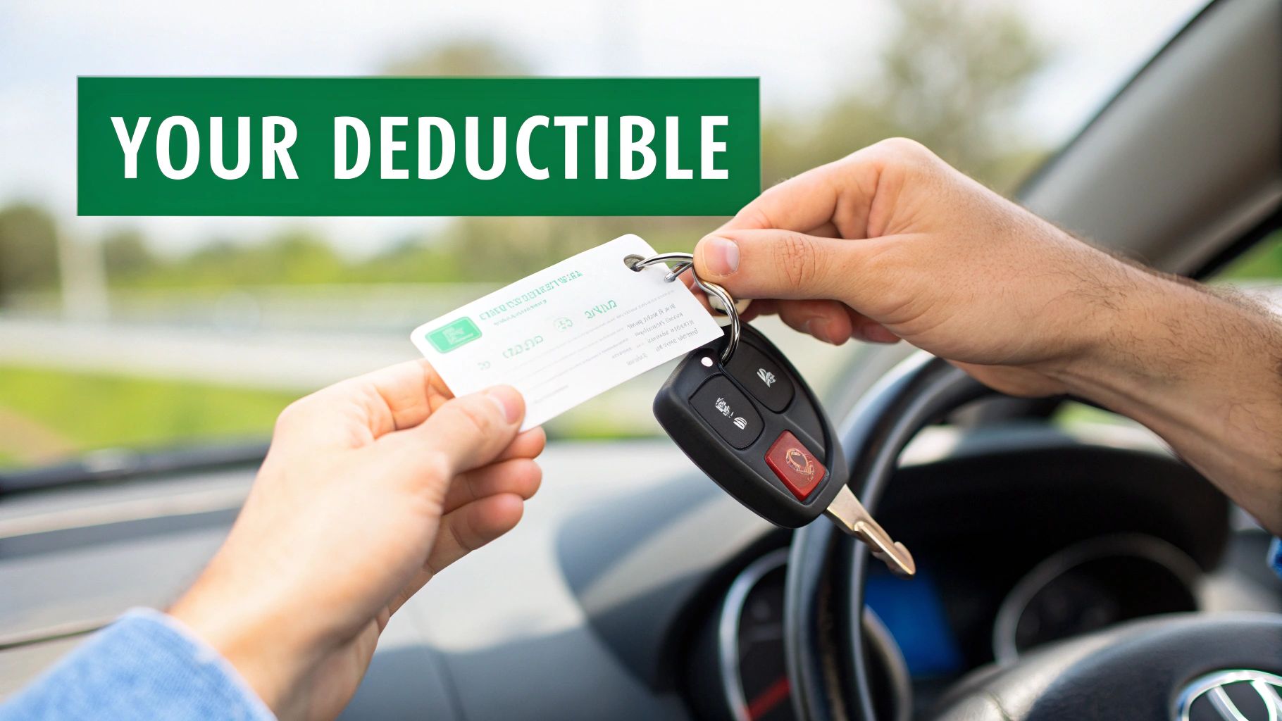 Hands exchanging a car key and a card, with 'YOUR DEDUCTIBLE' text prominently displayed, representing car insurance.