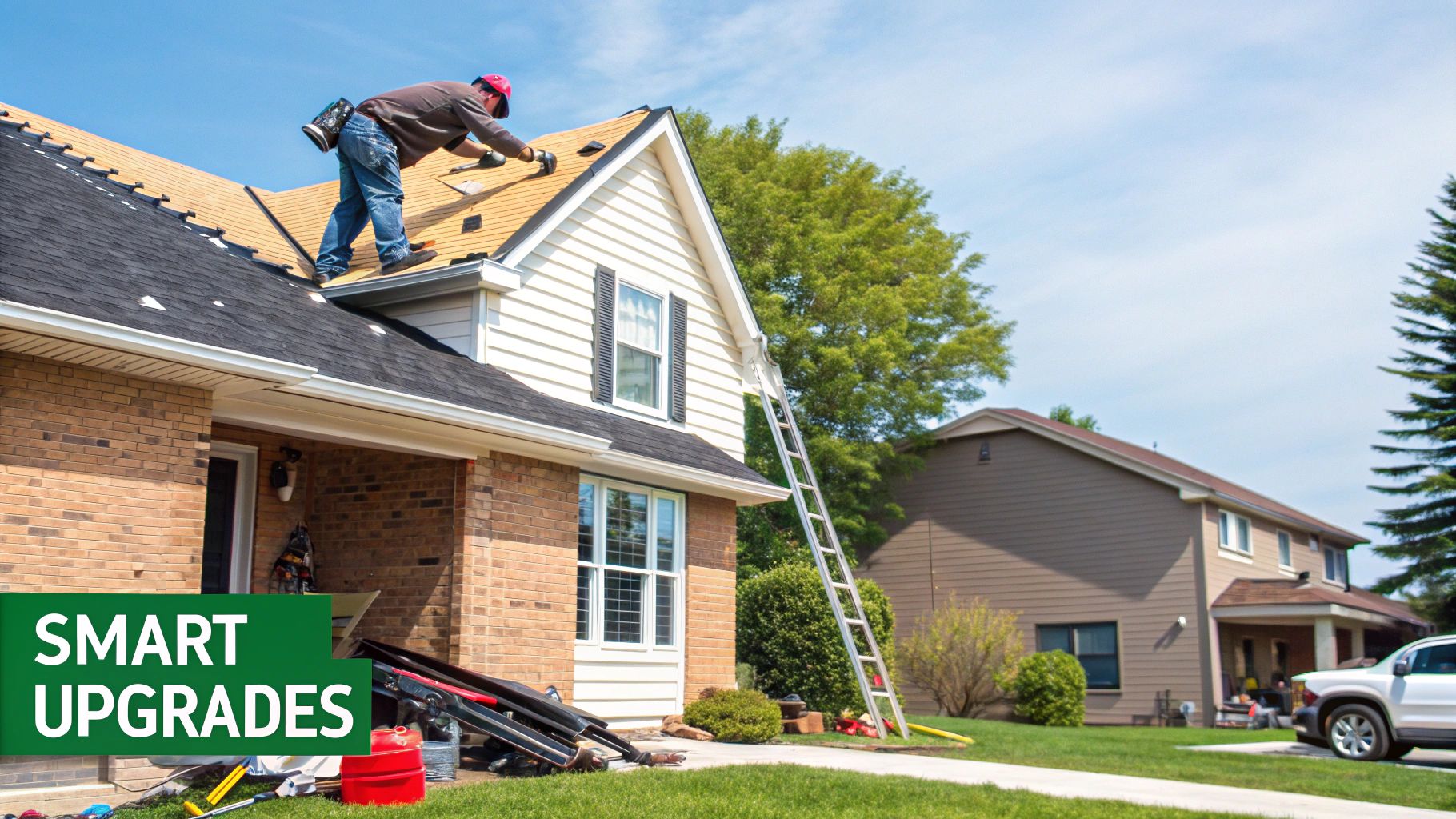 A contractor installing a new, sturdy roof on a suburban home.