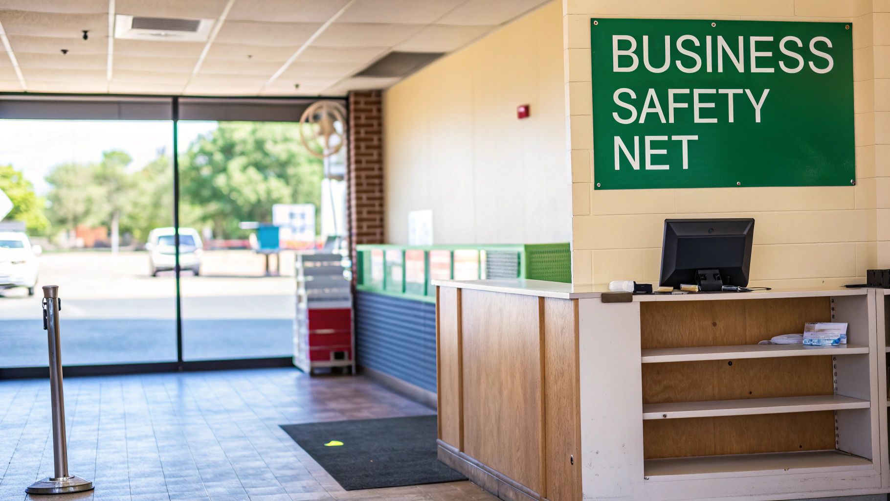 Lobby of a business with a reception desk, computer, and a prominent 'BUSINESS SAFETY NET' sign.