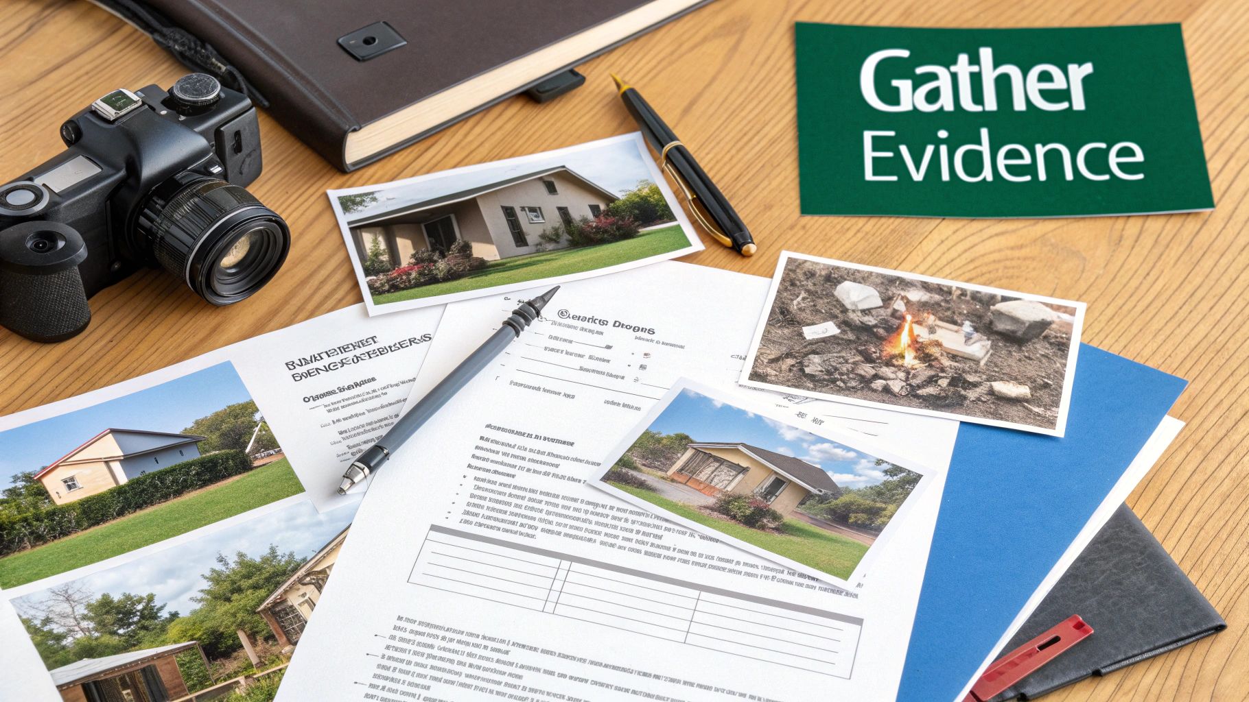 Man organizing documents and evidence for an insurance claim dispute