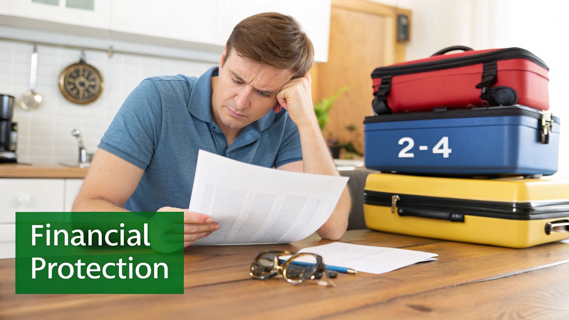 Stressed man reviews financial documents at a table with suitcases, highlighting financial protection.