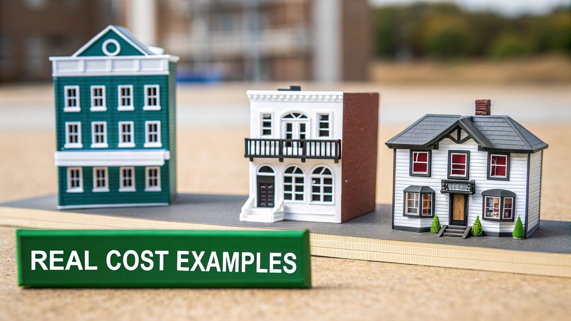 Miniature models of houses representing real estate or property costs, with 'REAL COST EXAMPLES' text.