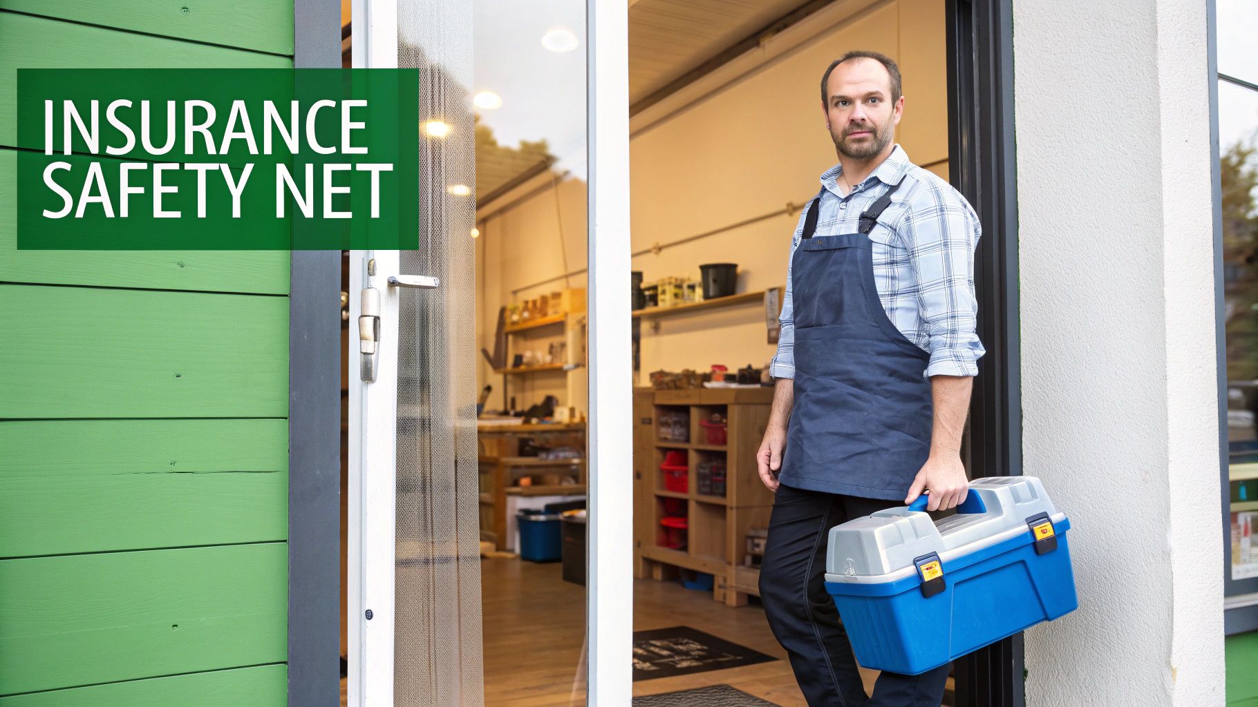 A small business owner reviewing insurance documents on a laptop in their shop