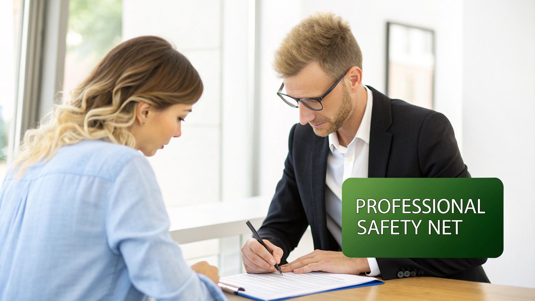 A man in a suit signs a document on a table, observed by a woman, with a 'Professional Safety Net' overlay.