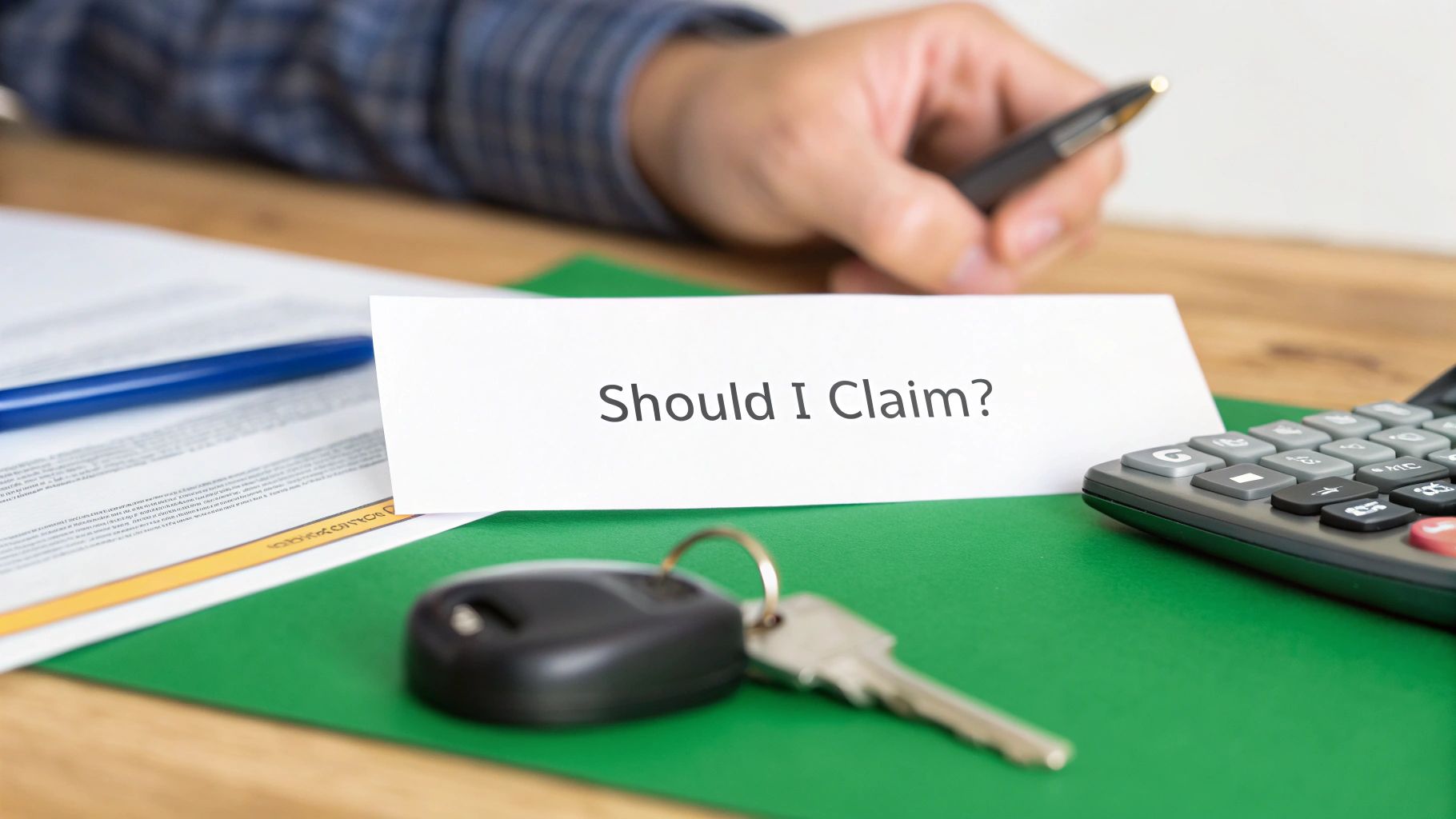 A person's hand holds a pen near a note asking "Should I Claim?", with car keys and a calculator nearby.