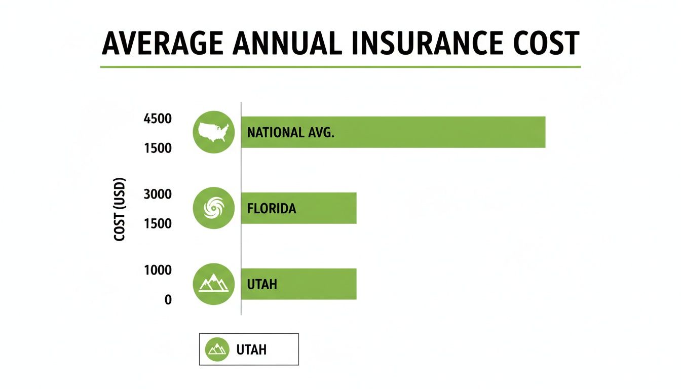Horizontal bar chart comparing average annual insurance costs for the US national average, Florida, and Utah.